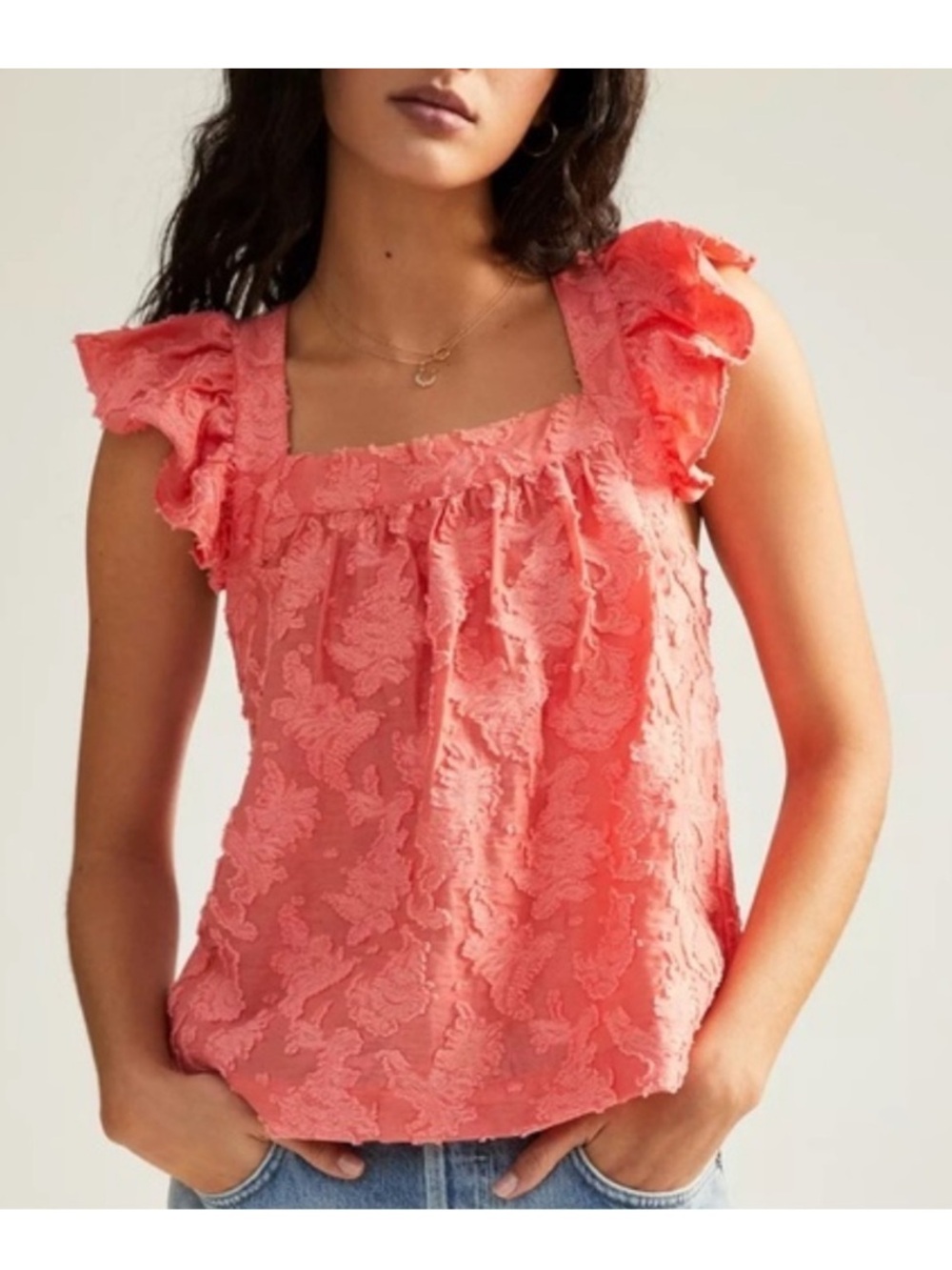 Anthropologie Amber Ruffled Coral Textured Criss Cross Back Sleeveless Blouse